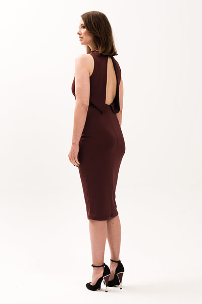 All Ages: Model wears a burgundy dress