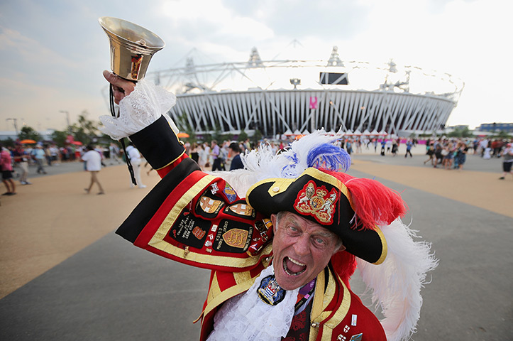 Olympic week build up: Town Crier Tony Appleton outside the Olympic Stadium