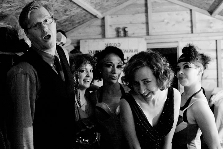 Edinburgh backstage: Hosts Kurt Braunohler and Kristen Schaal, with dancers of Hot Tub