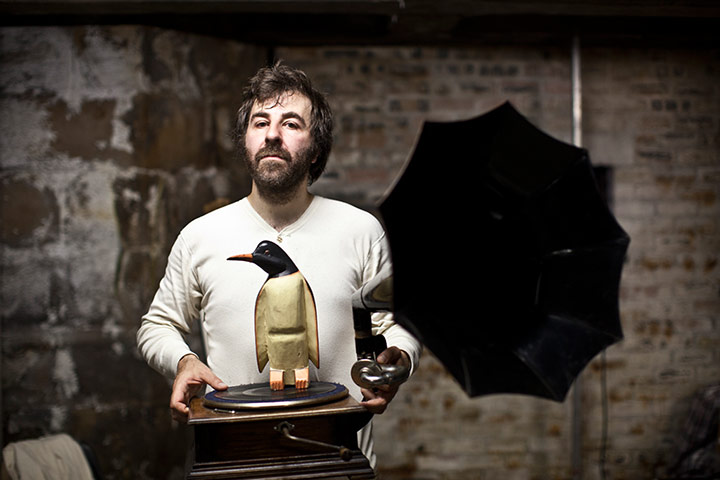 Edinburgh backstage: David O'Doherty holding some of the props from his show, 2011