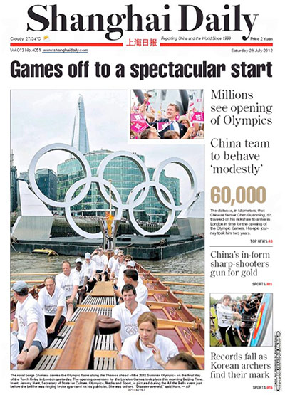 Olympics front pages: Olympic opening ceremony front pages – Shanghai Daily
