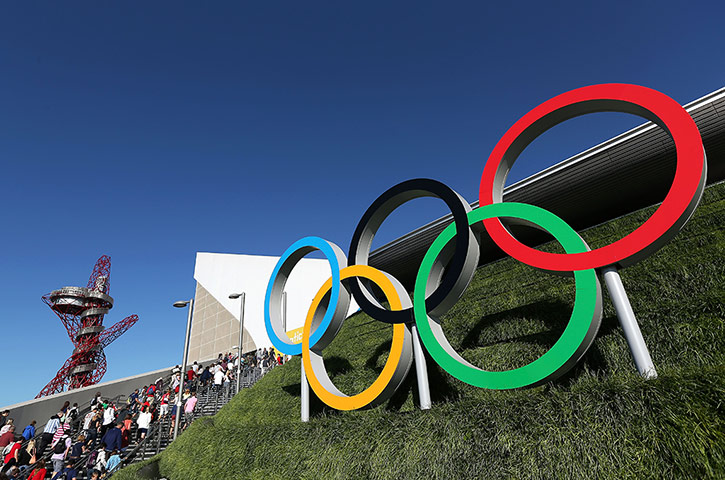 Olympic venues: The Olympic rings are seen outside the Aquatics Centre