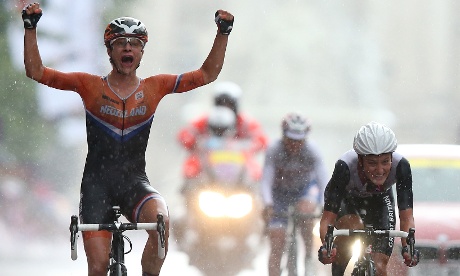 Oh so close: Marianne Vos of Netherlands celebrates as she crosses the finish line in the Mall ahead of Great Britain's Elizabeth Armitstead to win the Women's Road Race Road Cycling event. Photograph: Bryn Lennon/ Getty Images