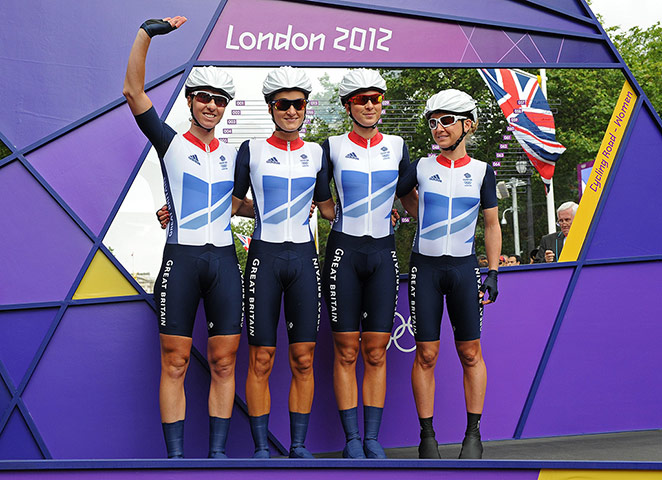 Women's road race: Britain's Nicole Cooke, Elizabeth Armitstead, Lucy Martin and Emma Pooley