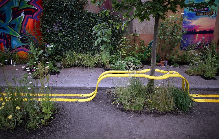 Hampton Court flower show: Double yellow lines form a bench in The Edible Bus Stop garden