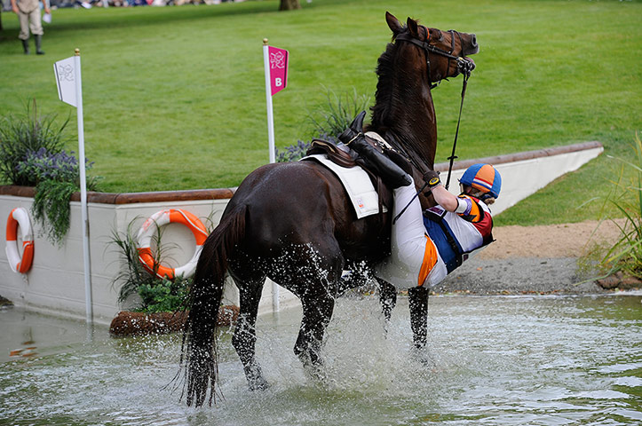 equestrian 5: Netherlands rider Elaine Pen falls from Vira while approaching fence 18