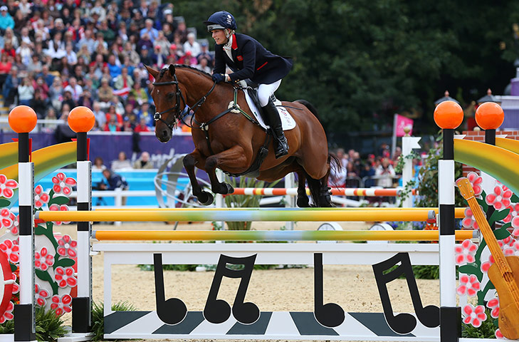 Equestrian jumping: Zara Phillips rides over the Abbey Road themed jump