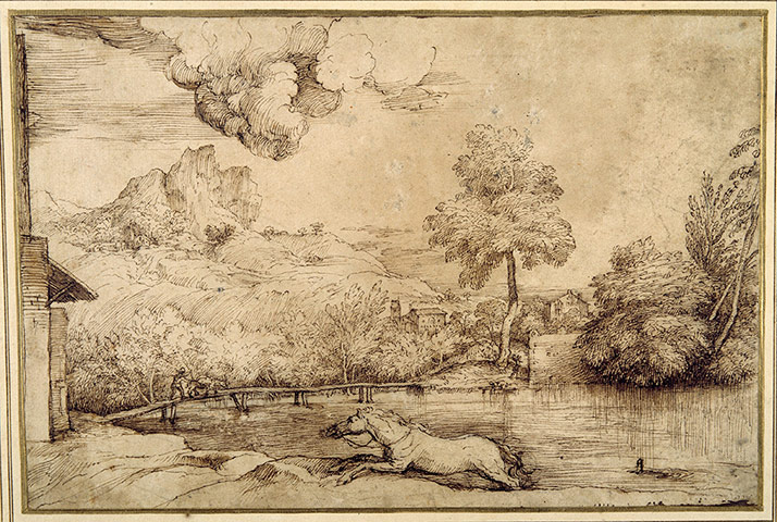 Old Masters: Landscape - a riderless horse pursued by a serpent by Titian 