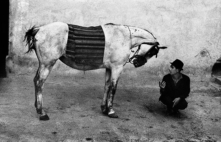 Rencontres Arles: A black and white depiction of gyspy squatting by horse