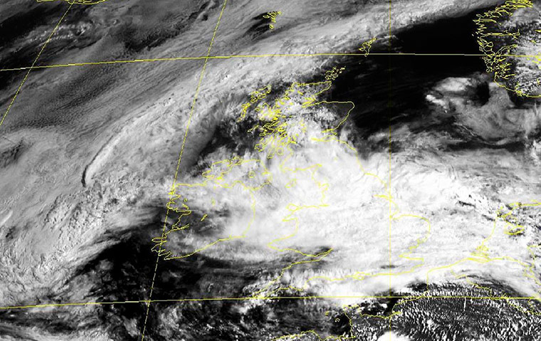 Rain: A satellite image showing clouds covering Great Britain