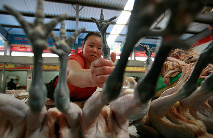 24 hours: Huaibei, China: A vendor holds a chicken foot for sale at a market