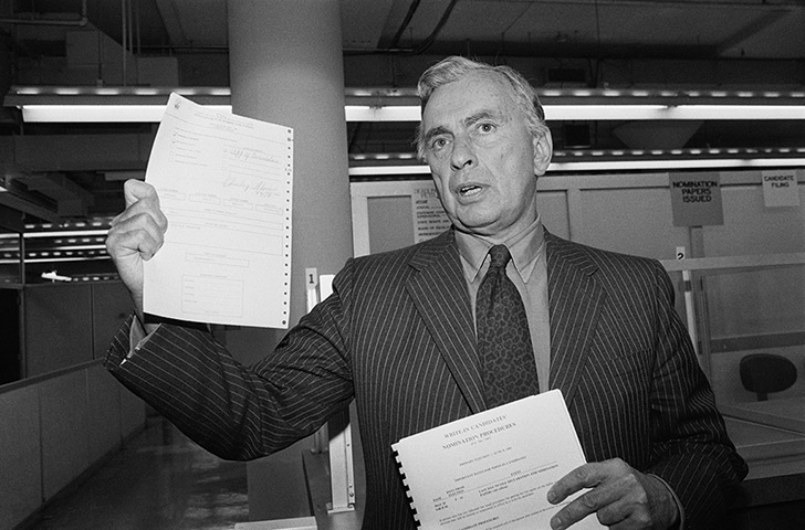Gore Vidal obituary: 1982: Author Gore Vidal holds up his candidacy papers
