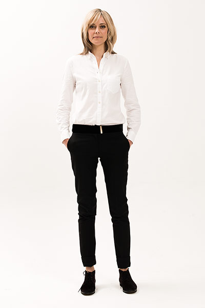 All Ages: White: Model wears white shirt and black trousers