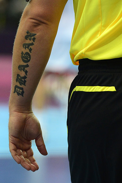 tattoos: A tattoo on the left arm of Macedonian handball referee Dragan Nachevski 