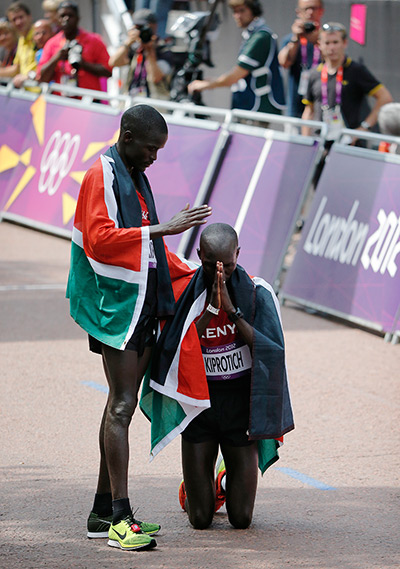2012 olympic marathon: Silver and Bronze medalists Abel Kirui and Wilson Kiprotich of Kenya