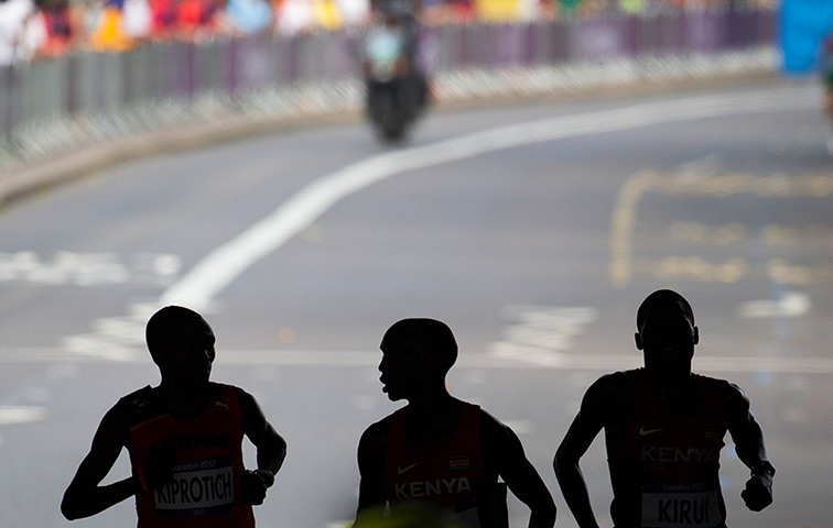 2012 olympic marathon: Stephen Kiprotich, Wilson Kipsang Kiprotich and Abel Kirui