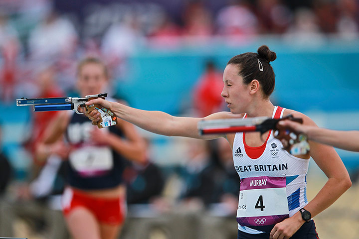 Modern Pentathlon Oly: Samantha Murray of Team GB during the Combined Shooting and Running