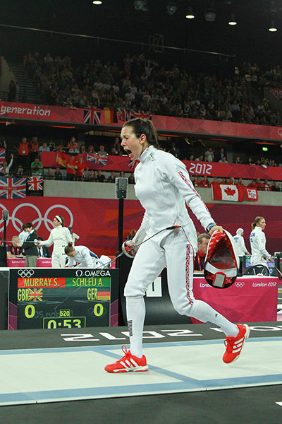 Modern Pentathlon Oly: Silver medalist Samantha Murray from Team GB celebrates her fencing victory