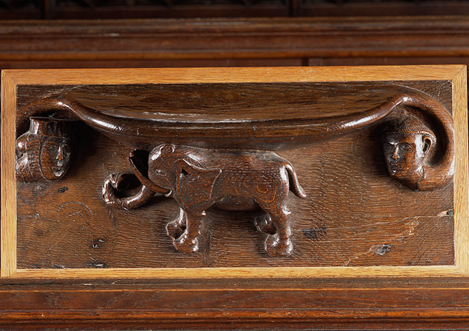 Story of British Art: Medieval Misericord carving of an elephant at Exeter Cathedral