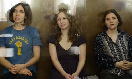 Alyokhina, Samutsevich, and Tolokonnikova, during their trial. (Photo Courtesy of The Guardian)