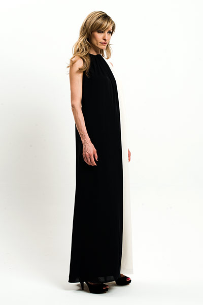 All Ages: Monochrome: Model wears black and white long dress