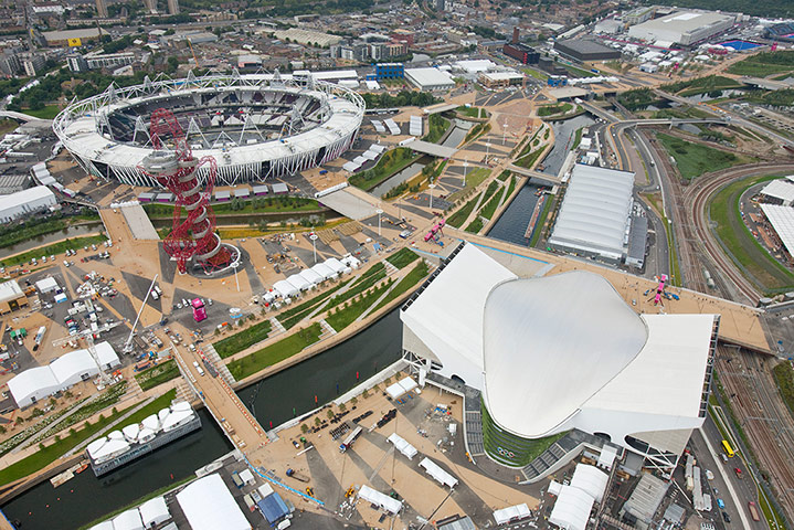 London Legacy: An aerial view of Olympic Park showing The Orbit on left
