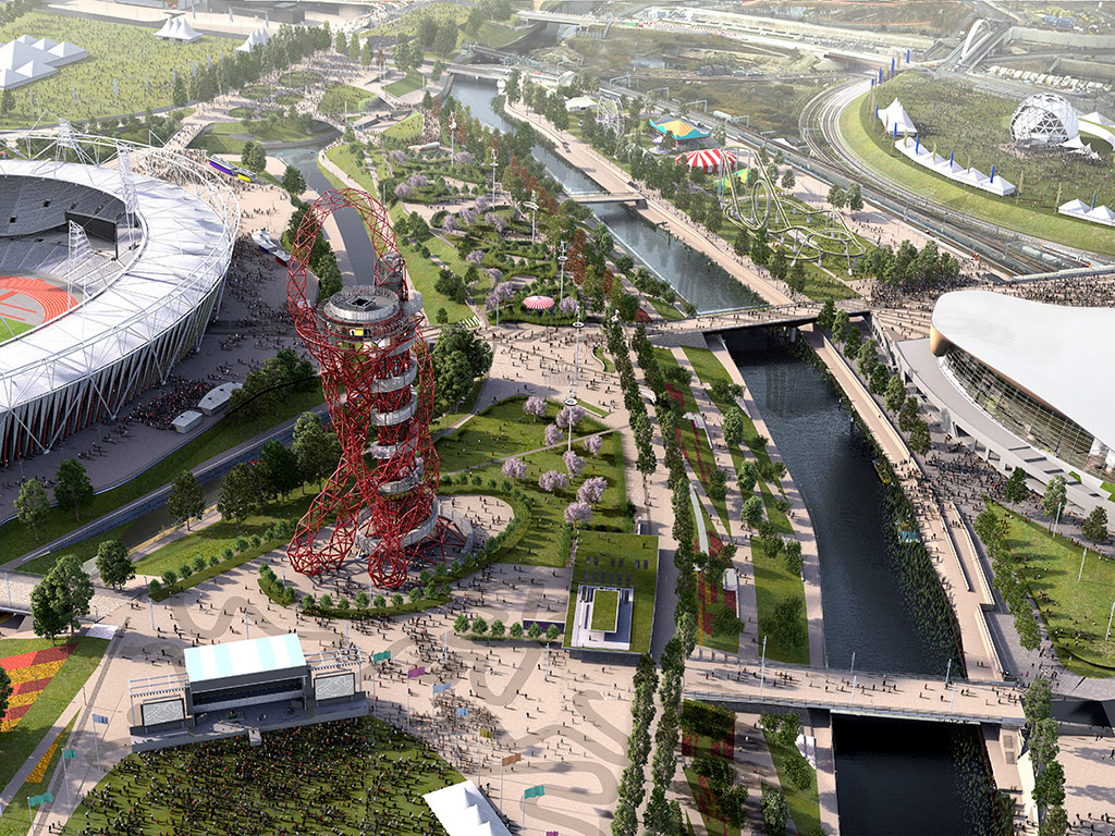 A computer generated image showing arial of Olympic Park with the Orbit