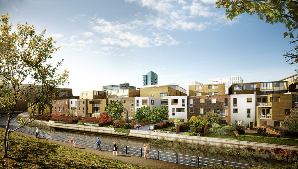 A computer generated image showing proposed housing along canal