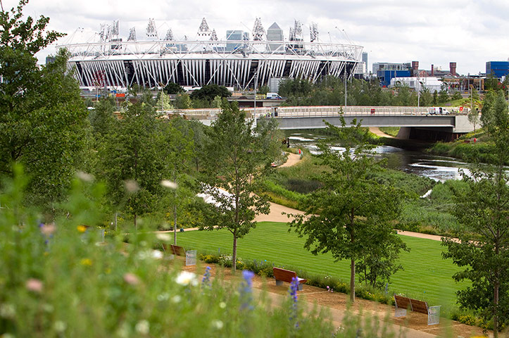 London Legacy: View of Olympic Stadium with parkland and flowers in foreground