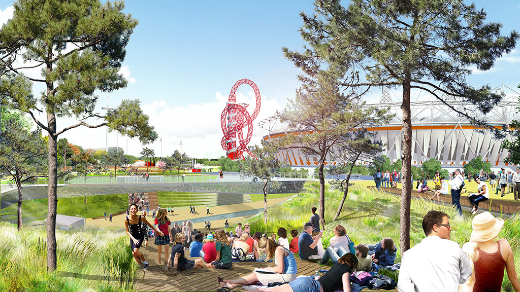 Computer generated view of people relaxing in gardens of Olympic Site