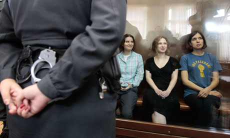 Three members of Pussy Riot were arrested in March after a guerrilla performance in Moscow’s main cathedral. Photograph: Sergei Karpukhin/Reuters