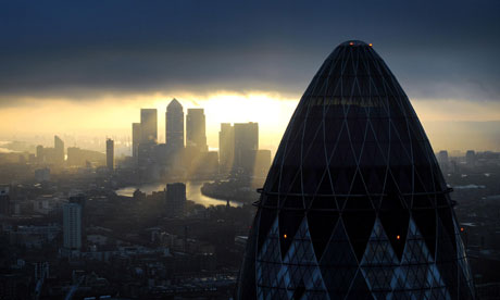 Gherkin and London skyline at dusk