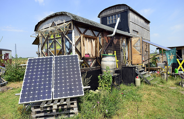 Wagenburg settlement: Solar power panels outside one of the sheds