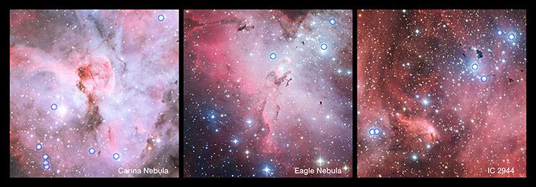 A month in space: Carina Nebula (left), the Eagle Nebula (centre) and IC 2944