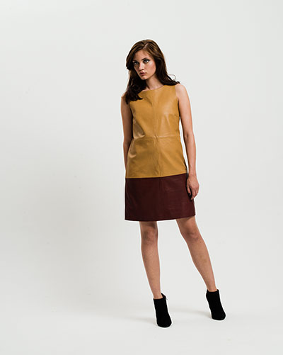 All Ages Fashion: Leather: Woman in camel and brown leather dress