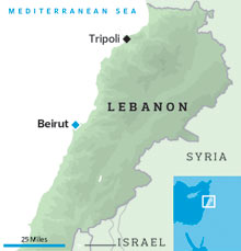 Location of Tripoli and Beirut in Lebanon.