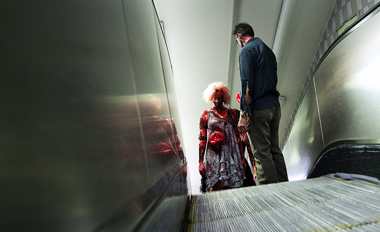Zombie walk: Zombies take the escalator