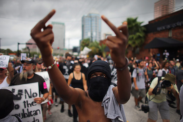 RNC Protest: Protester gestures