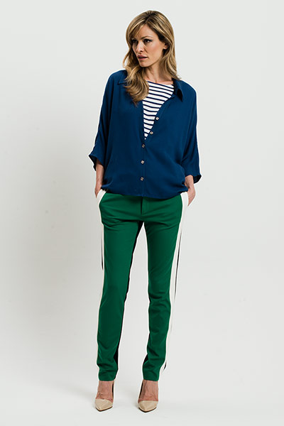 All Ages: Blue: Model wear blue shirt with a breton top underneath and green trousers