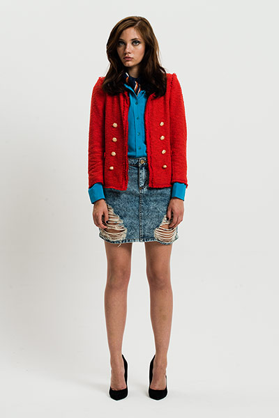 All Ages: Blue: Model wears blue shirt and blue denim skirt and red jacket