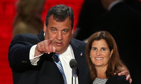New Jersey governor Chris Christie, who will give the keynote address, and his wife Mary Pat Christie stand on stage for a soundcheck during the Republican National Convention in Tampa.
