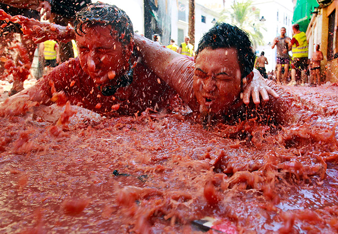 tomatina festival: People slide in tomato pulp