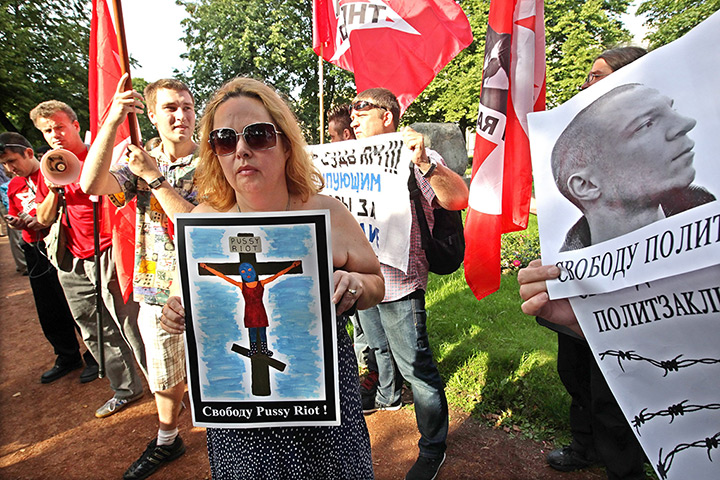 Pussy Riots: Protesters during a rally supporting the jailed members in St. Petersburg