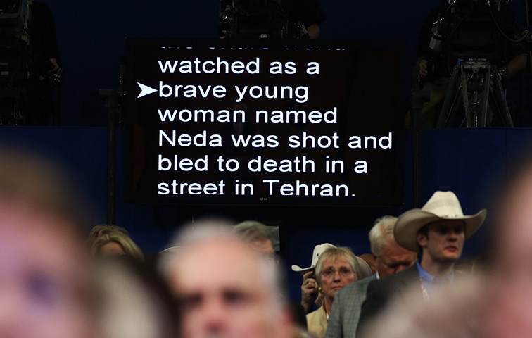 Republican convention: A teleprompter displays the speech for John McCain