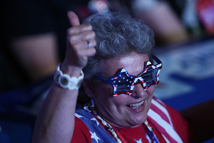 Republican convention: A woman in patriotic sunglasses gives the thumbs-up