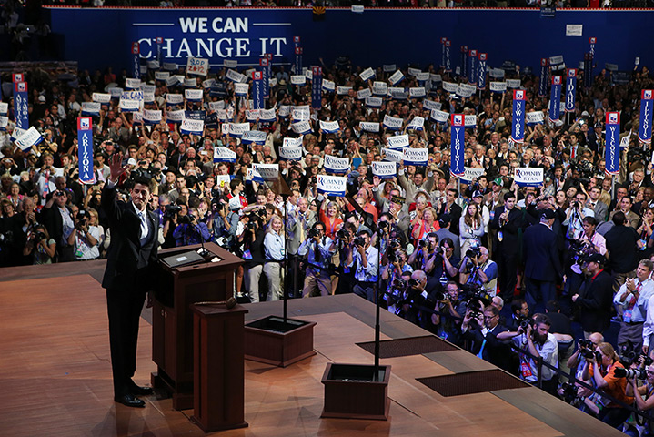 Republican convention: Paul Ryan waves as he takes the stage
