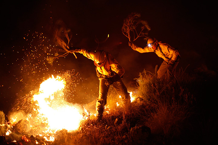 fires on costa del sol: Firefighters try to beat out a fire with branches