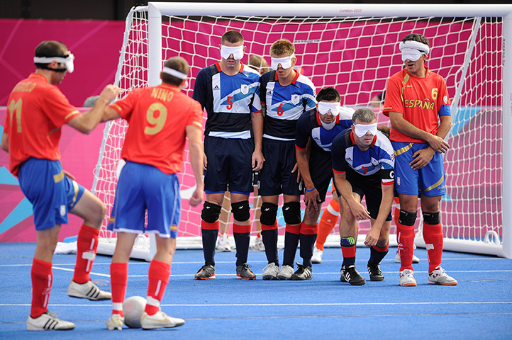 blind football: The GB team form a wall at a Spanish free-kick
