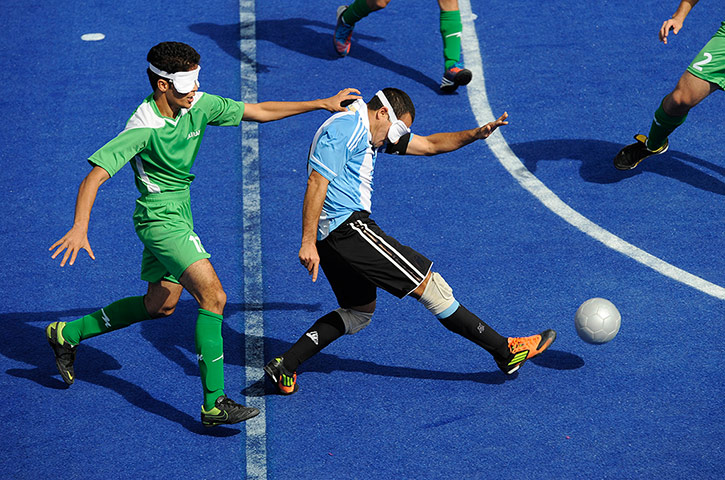 blind football: Argentina captain Silvio Velo fires in a shot