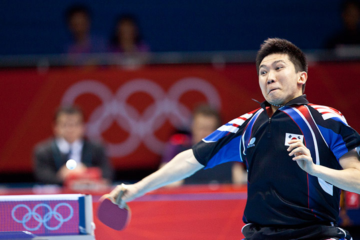 Table tennis: Seungmin Ryu of South Korea plays a fearsome forehand